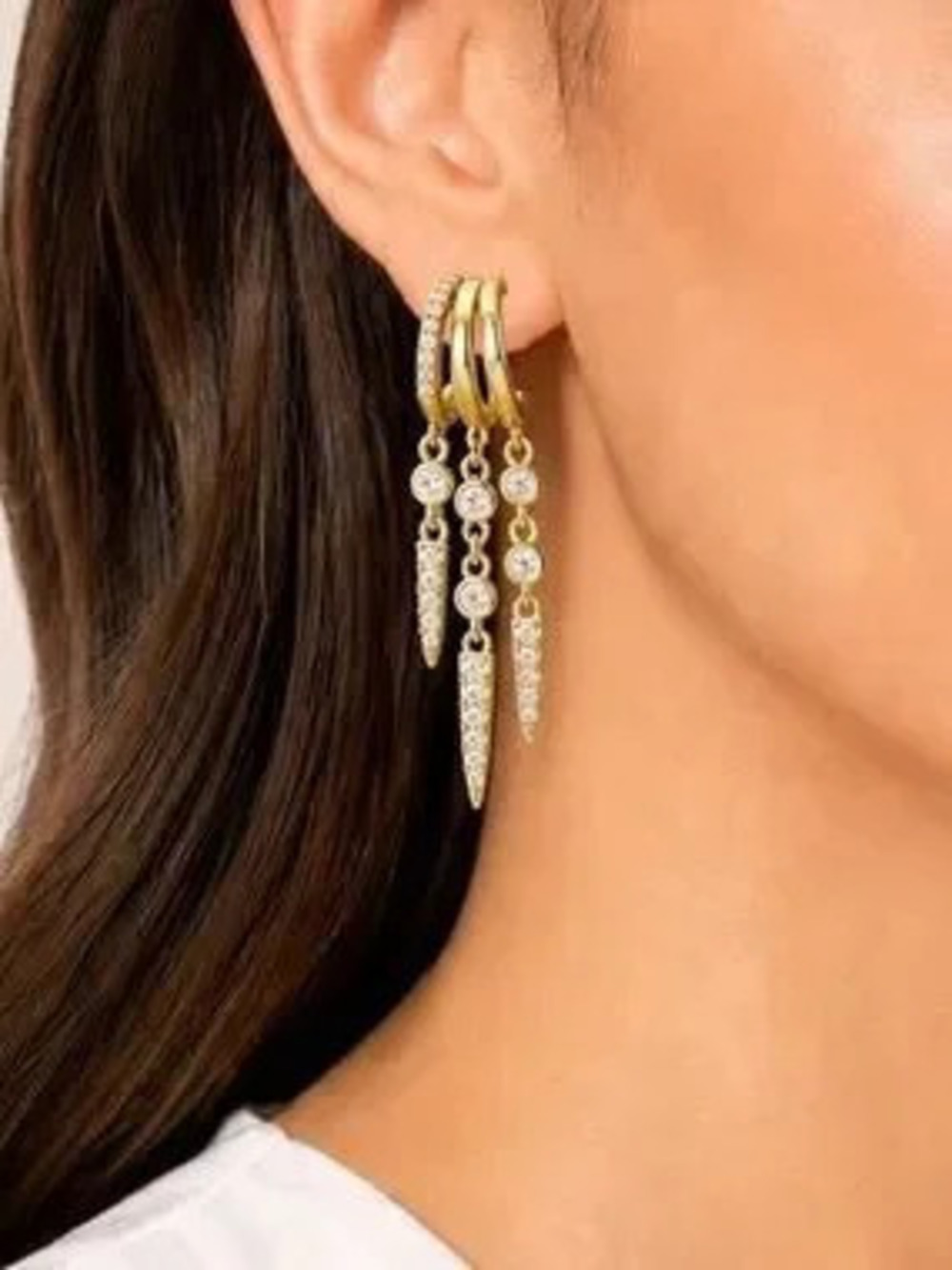 Anthropologie Gold Tone Pav Triple-Drop Spike Hoop Earrings